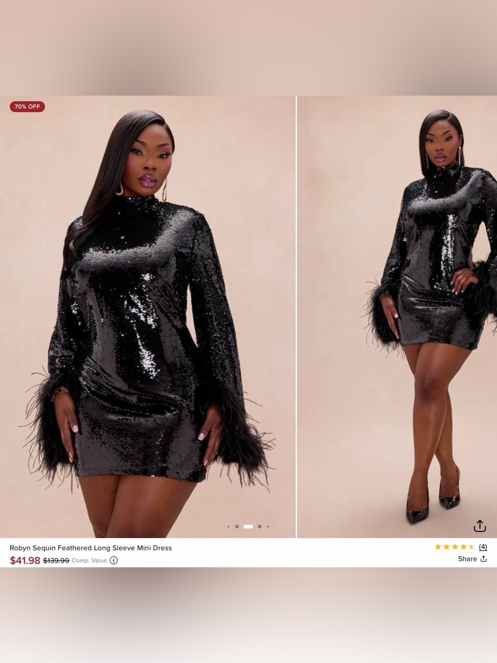 Fashion Nova Black Sequin Feathered Long Sleeve Mini Dress